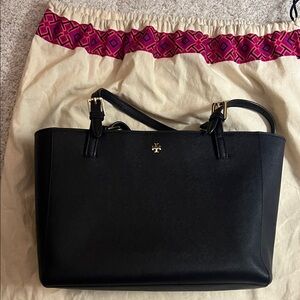 Tory Burch Black Leather Saffiano Tote with Gold Hardware